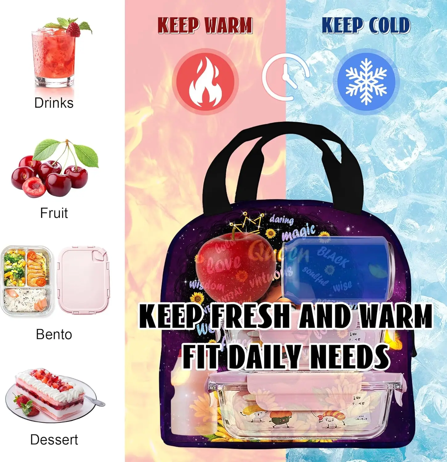 African American Women Lunch Bag Reusable Black Women Magic Insulated Lunch Box Portable Tote Bag for Women Travel Hiking Gifts