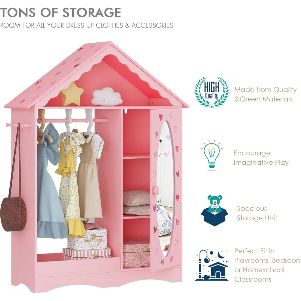 تخزين ملابس الأطفال من UTEX مع مرآة، خزانة ملابس للأطفال، خزانة تلبيس للفتيات الصغيرات، منظم أزياء معلق مفتوح