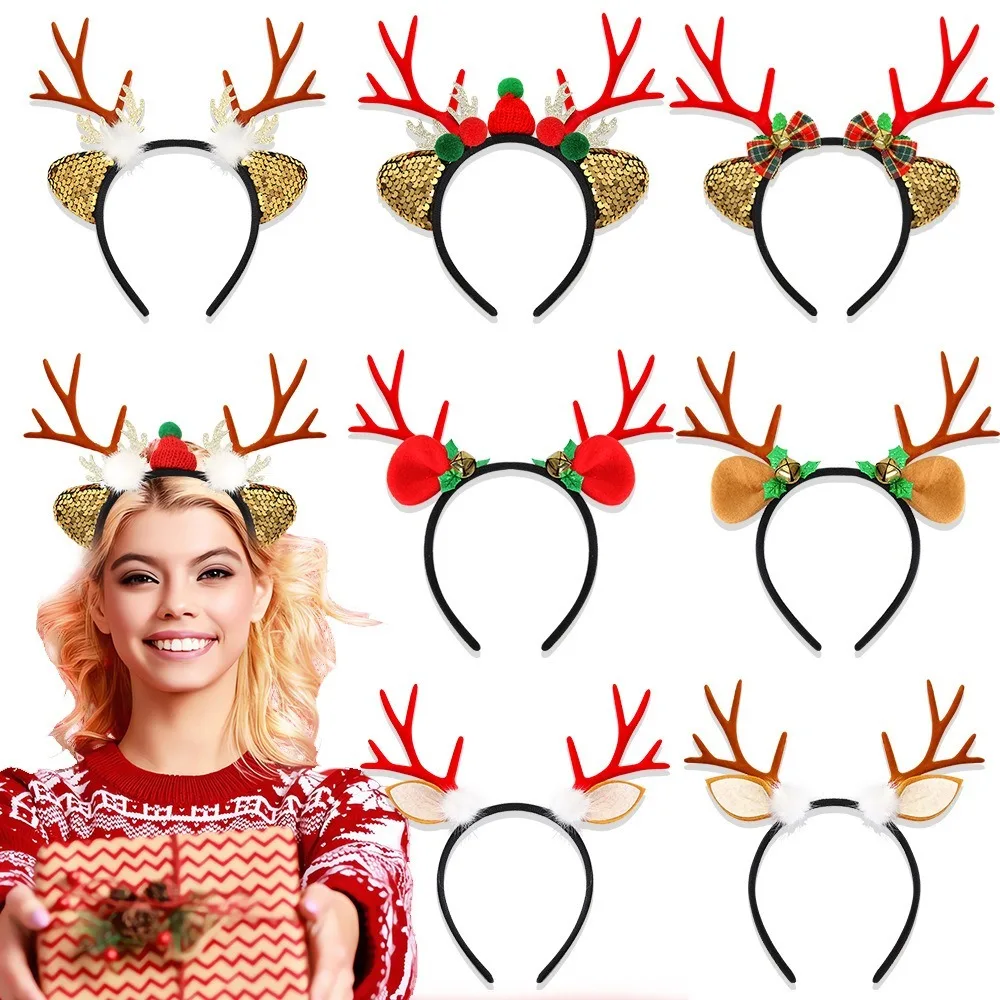 Creative Cute Christmas Headband Glitter Sequin Headwear Deer Ear Headband Photograph Props Flocked Antler Xmas Hairband Kids