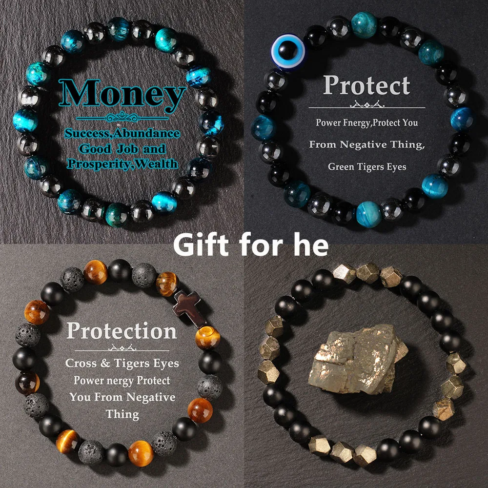 Natural Stone Blue Tigers Eye Bracelet Men Fashion Jewelry Unisex Handmade Stretch Beaded Bracelet Attracting Money Accessories