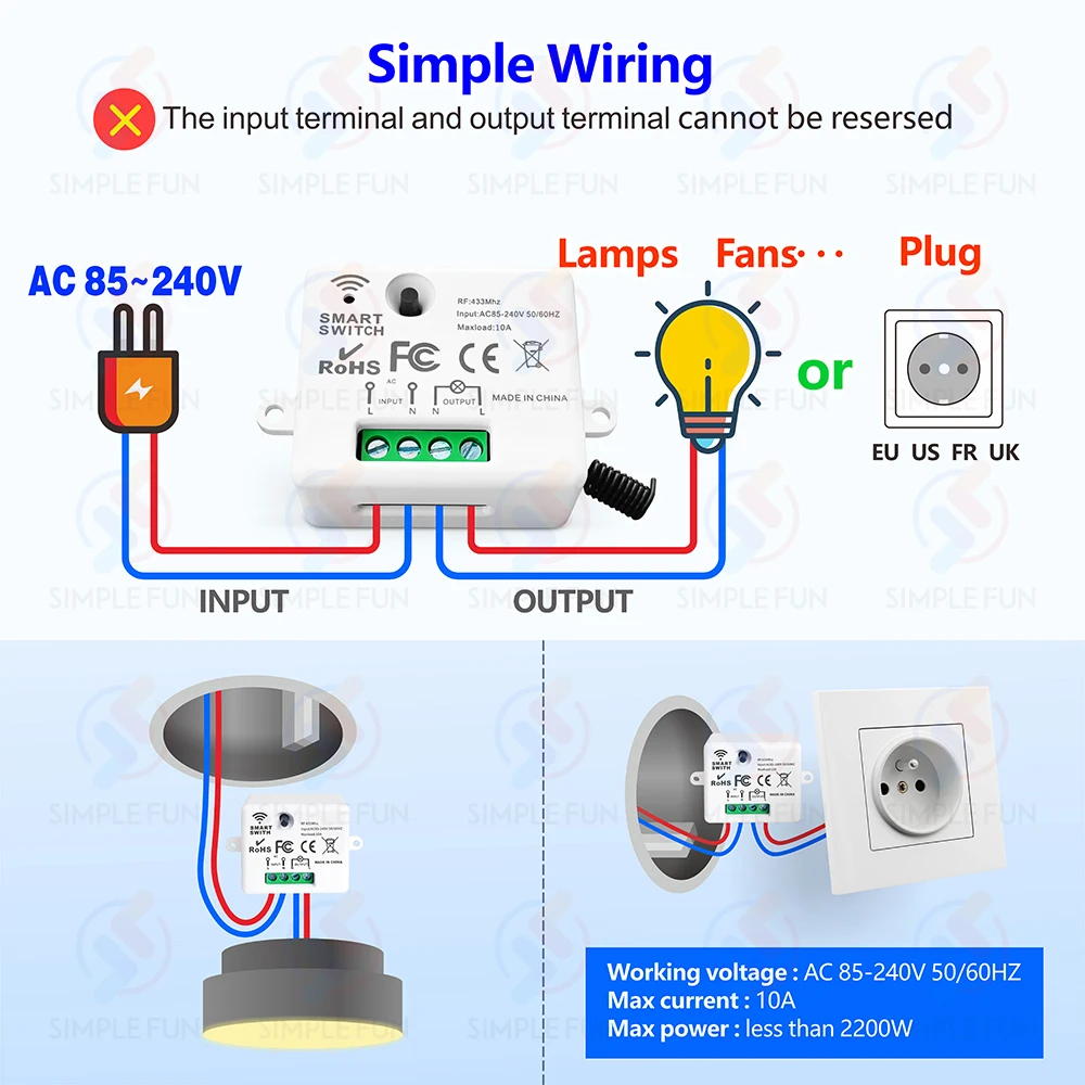 433MHz 110V 220V Wireless Remote Control Light Switch,10A Mini RF Relay Module,50 Meters Transmitter,For Led Lamp Fan ON/OFF