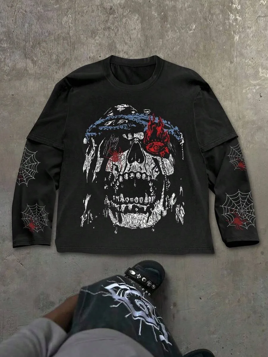 

Early Autumn New Dark Style Horror Skull Print Loose High street styl Design Sense Fake Two-Piece Long-Sleeved T-shirt for Women