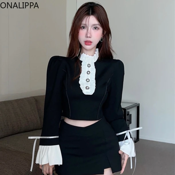 Onalippa Contrast Pleated Wood Ear Hem Crop Top Stand Collar Vintage Hepburn Style Blouse French Style Flare Sleeves Bows Blouse