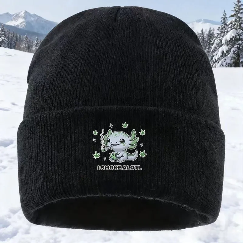 Funny Axolotl I Smokealotl Print Knit Beanie for Men Women Warm Winter Hat for Outdoor Skiing Cycling