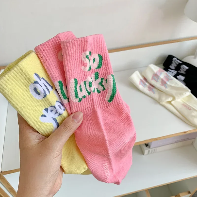 Women Streetwear Fashion Letter Print Hip Hop Skateboard Sports Socks Candy Colors Girls School Stockings Cotton High Long Socks