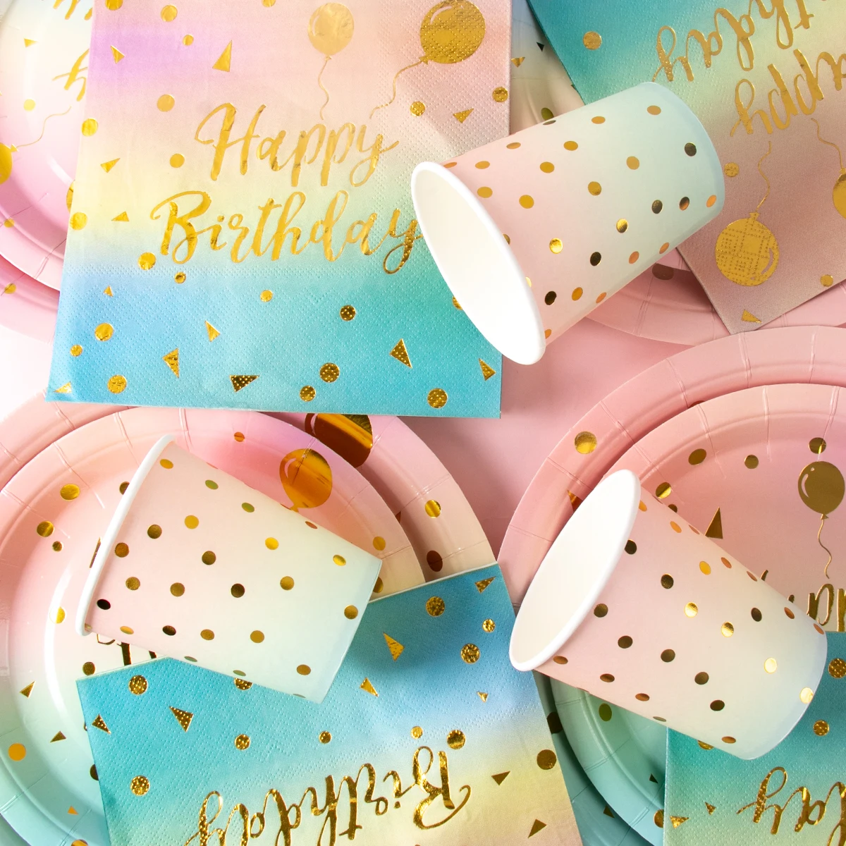Rainbow gold dot happy birthday print Tableware Gradient Color Paper Plates Napkin cup Girls 1st 2nd 3nd Birthday Parties decor
