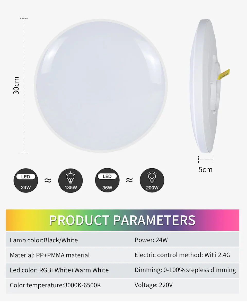 Plafoniera rotonda intelligente 24W RGB + WW + CW supporto per lampada da soffitto per Smartphone telecomando lampade Illusion dimmerabili a colori