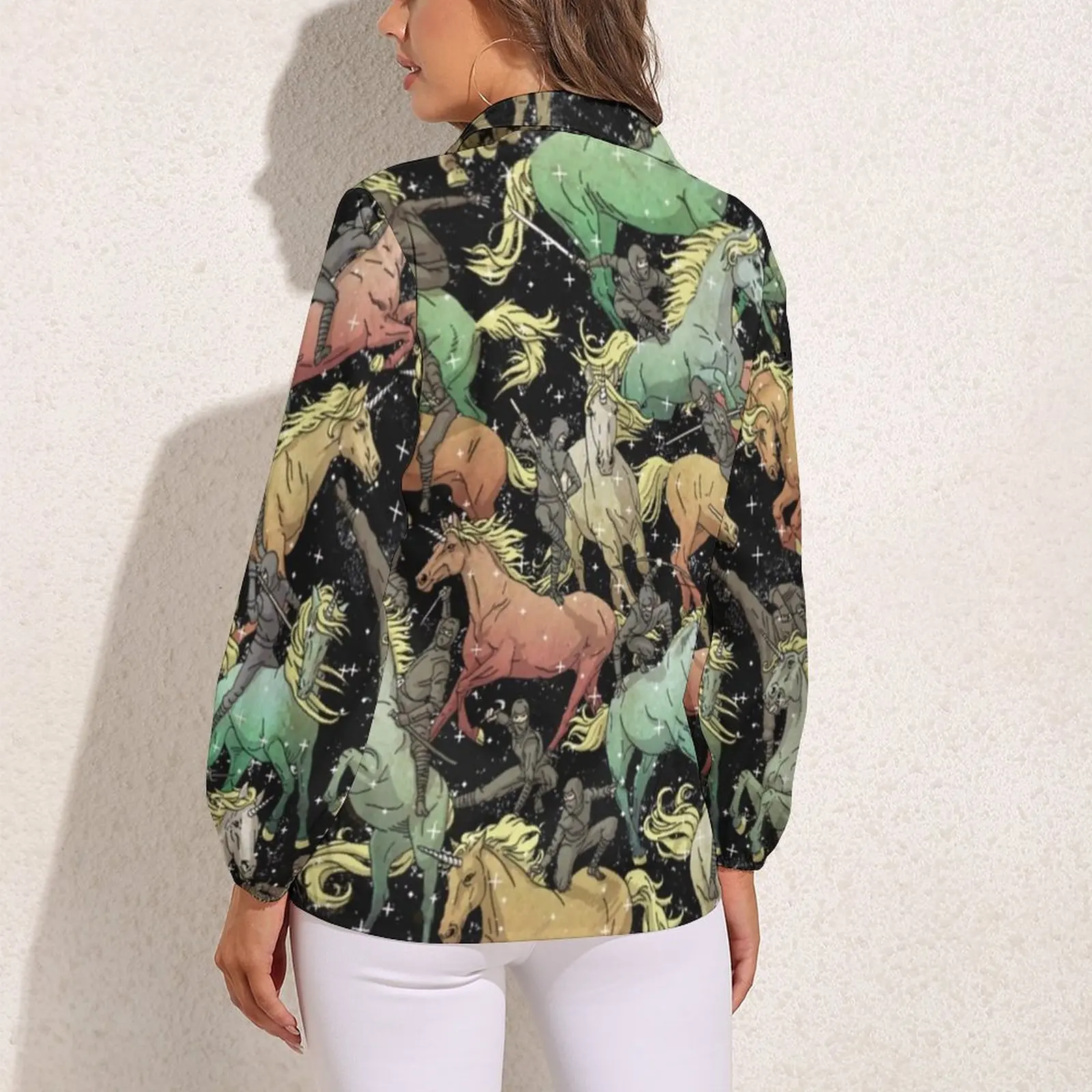 Running Horse Print Loose Blouse Ninjas Unicorns Casual Oversize Blouses Female Long Sleeve Cool Shirts Summer Trendy Tops