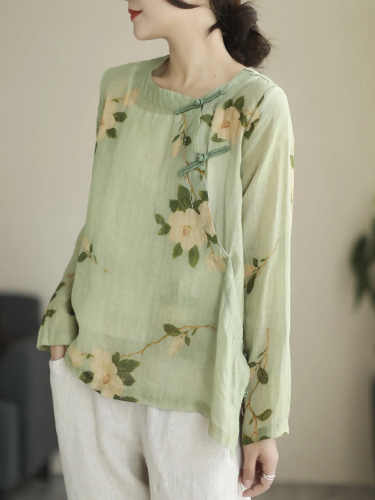 

Retro Floral Print Cotton Linen Long Sve irt Large Size Women's Traditional Chinese Sle Side Button Zen Tea Clothing Top