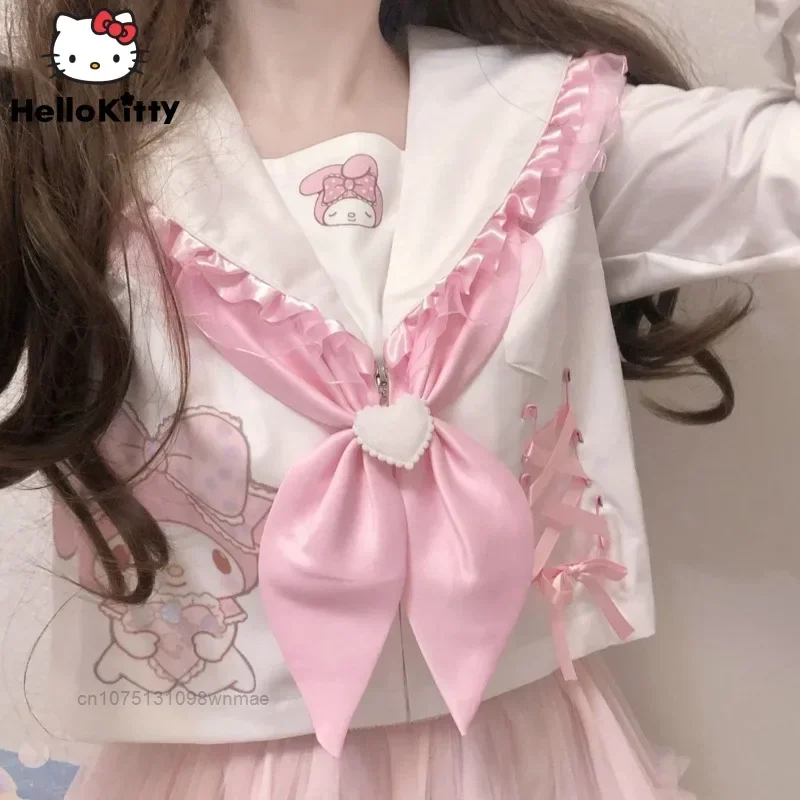 

2 Pcs Sanrio Sweet Melody JK Uniform Lolita Style Skirt Sets Y2k Tops with Sailor Collar Pleated Dress Women's Kawaii Clothes