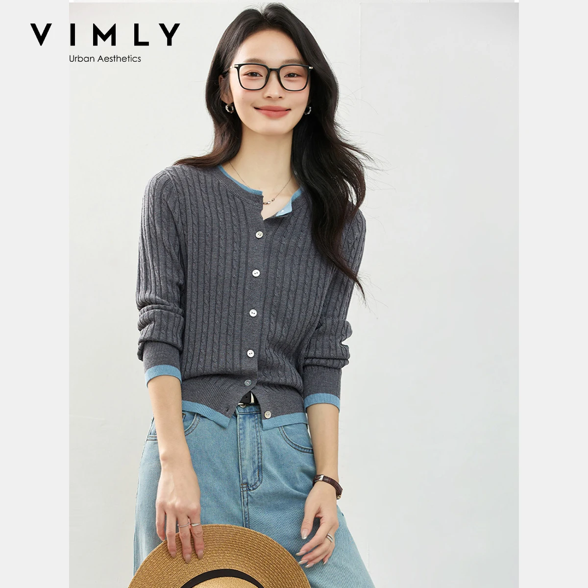 

VIMLY Patchwork 2 in 1 Cardigan 2025 Autumn Casual Spliced Strecth Long Sleeve Top Sweaters Knitted Round Neck Female Tees 75050