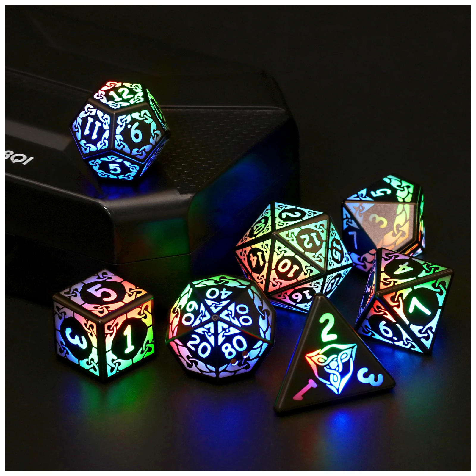 Juego de dados de colores con luz LED recargable, DND, D & D con caja de carga (luz de color)