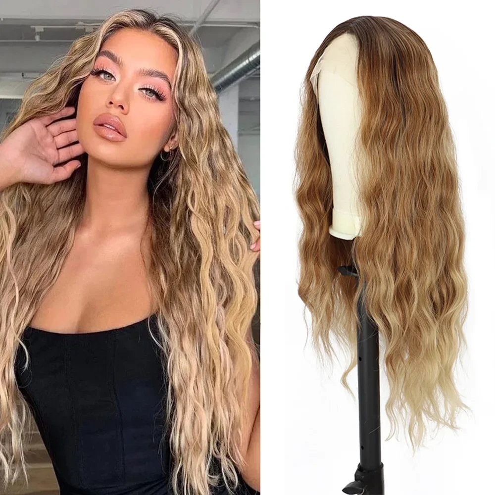 28 inches T Part Lace Wig Gradient color long curly hair Water wave Lace Front wigs synthetic wigS For Women Frontal Lace Wig