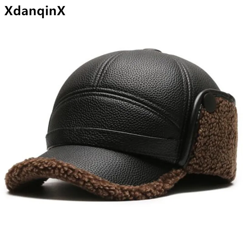 

New Winter Men's Cap PU Faux Leather Cap Warm Baseball Caps Plush Thickened Earmuffs Hat Elderly Winter Hats Cycling Hat