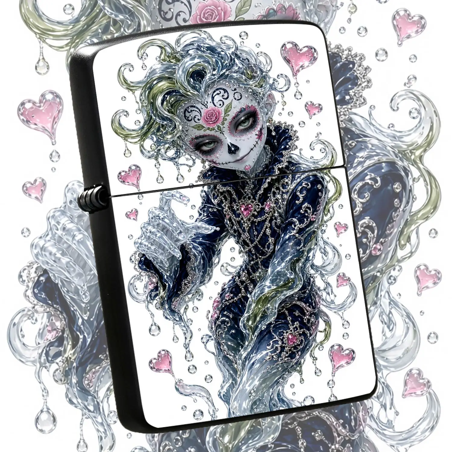 Exquisite Sugar Skull Art Style Portable Lighter, Shiny Liquidglazedwith Pink Heart Accent, Unique Stylish Accessory For Daily Use, Ideal Thoughtful Gift For Friends And Family On All Kinds Of Occasions, Eye-Catching De A Humorous And Inter