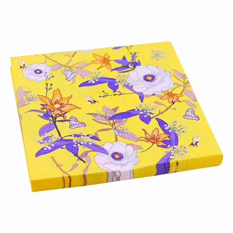 Food Grade Colourful Printed Napkins Yellow Floral Patterned Tissue Paper Dessert Table Decoration Paper 20pcs Napkins Decoupage