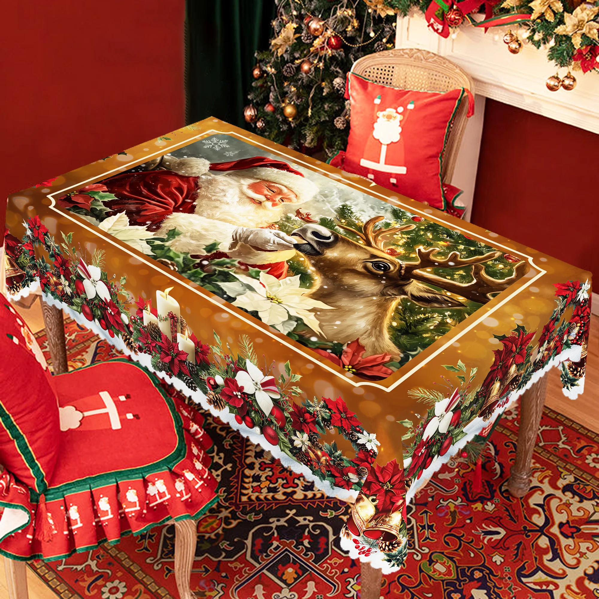 1 Piece of Christmas-Themed Round and Rectangular Tablecloth, Available in Various Sizes, Featuring Santa Claus and Reindeer, Poinsettia Decorative Patterns in Red and Black, Suitable for Everyday Use in Home Kitchens and on Patios, New Year's Gift