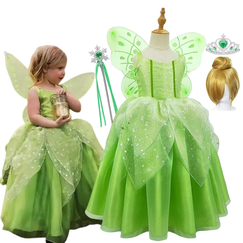 Disney Girls Tinker Bell Costume Halloween Costume for Kids Green Tinkerbell Fancy Dress Fairy Princess Cosplay Carnival Party