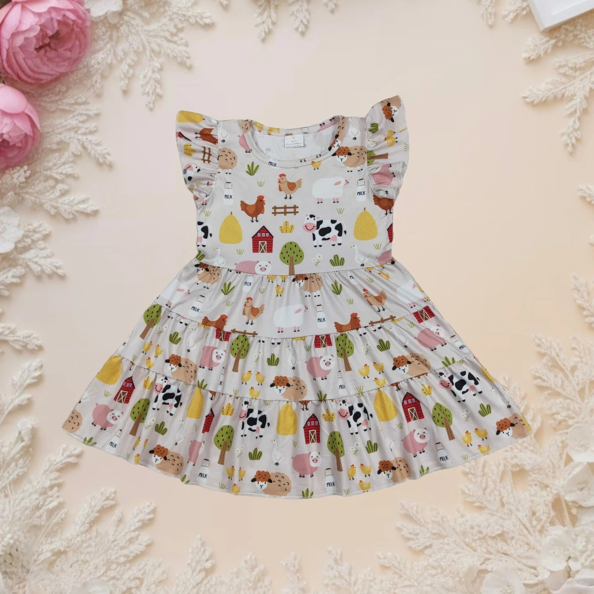 

Toddler Baby Girl Summer Dress Cows Chicks Farm Cute Sweet Princess Kids Knee Length Flutter Sleeves Children Dresses Clothes