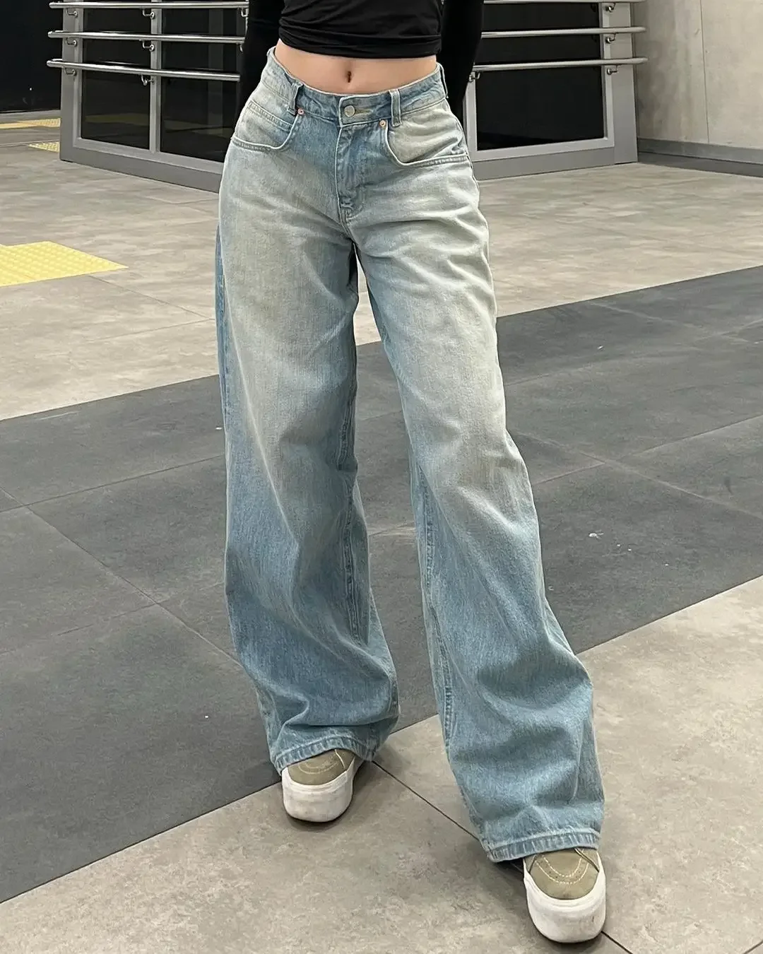 Calças retas largas de cintura alta, jeans azul vintage lavado e angustiado, calça casual clássica, moda Harajuku, nova, Y2K