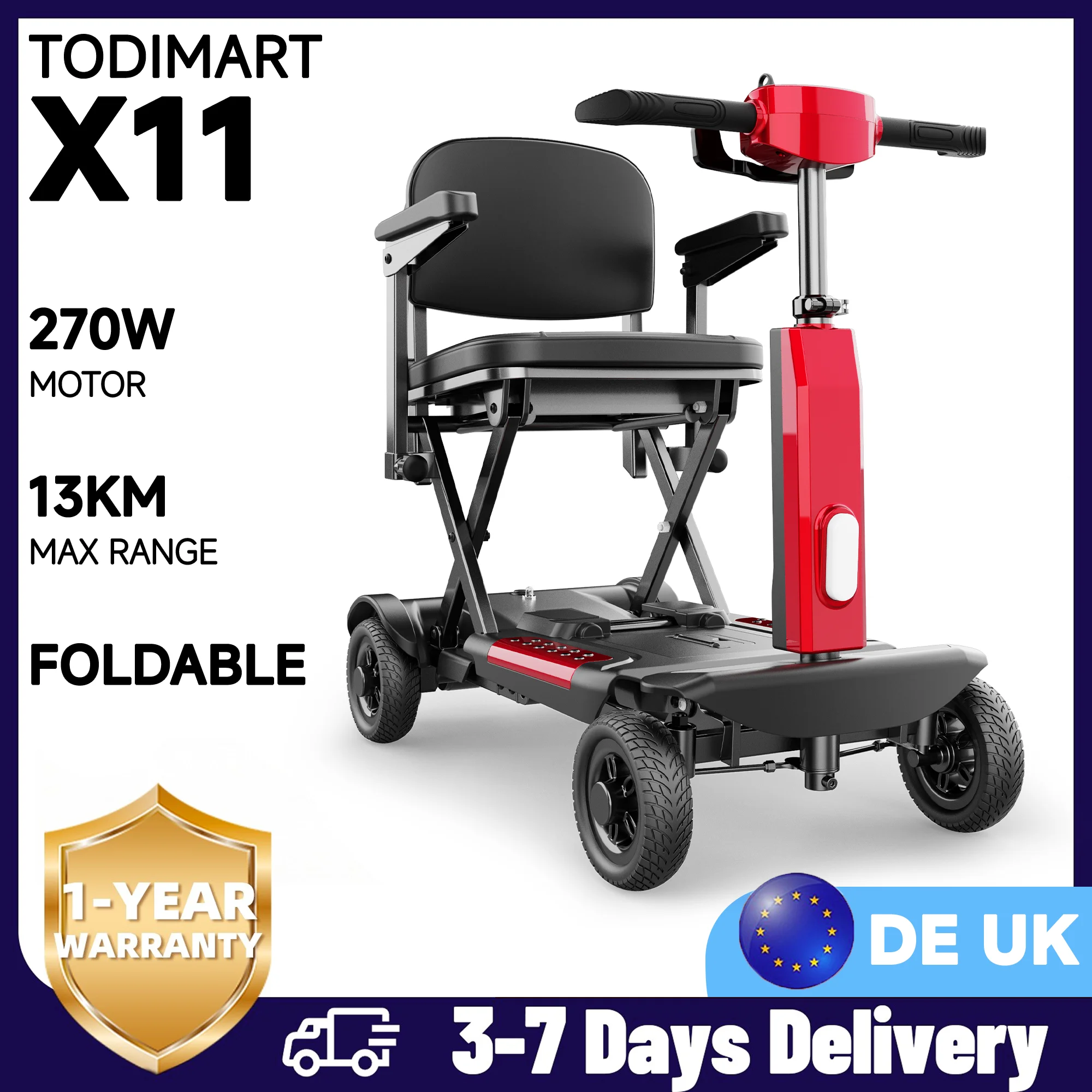 Scooter de mobilité TODIMART X17 pour seniors, scooter électrique léger à 4 roues avec siège, moteur 270W, autonomie 20KM, pliable