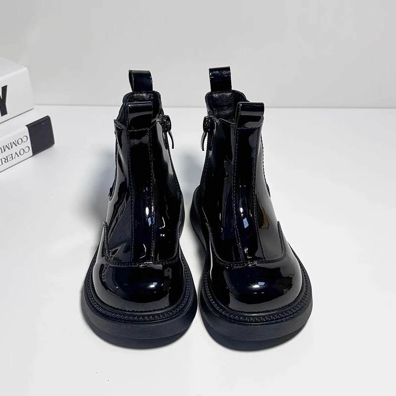 Girls' British Fashion Autumn Winter New Warm Short Boots Medium and Large Children's Thick Soled Shiny Leather Botas Kid Shoes