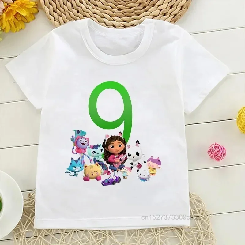 Gabbys Doll House Cartoon Print Girls T-Shirts Birthday Party Clothing Fashion Kid'S Tshirts 2-12 Years Old Birthday Number