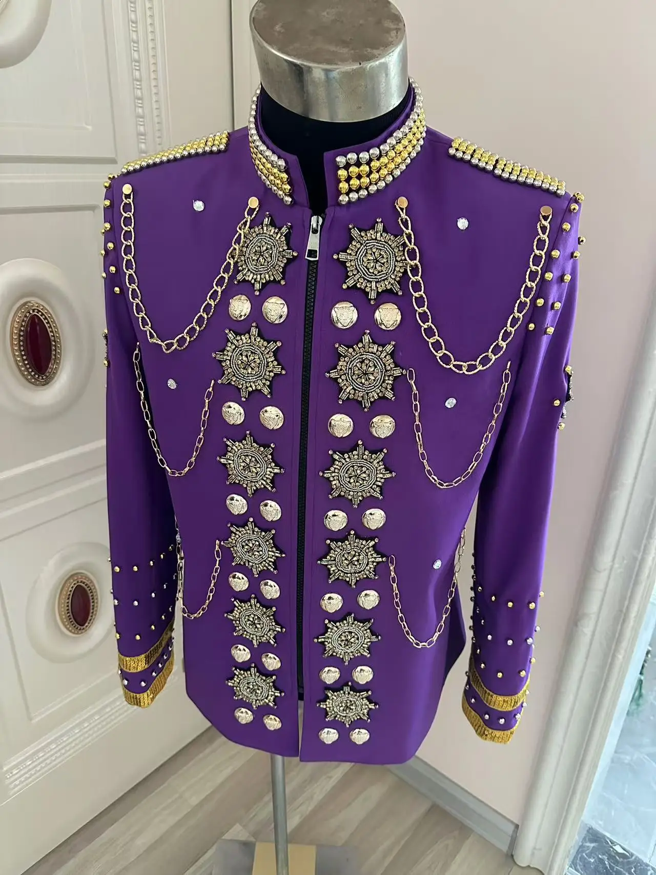 New Pure Handmade Purple Metal decoration beads Royal Jacket Party Show Club Dance Dress Host Singer Walk Show Costumes