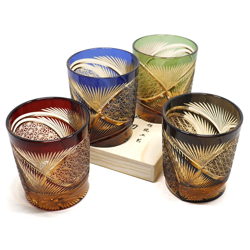 Handmade Japanese Style Edo Kiriko Whiskey Glass Tumbler Colored Hand Cut To Clear Glasses Color Tinted Old Fashioned Glasses