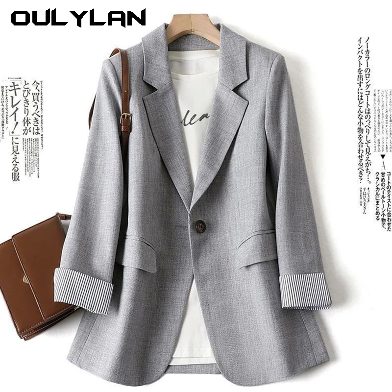 2024 Women Spring Office Lady Blazer Casual Vintage Loose Elegant Long Sleeved Coat All-Match Style Solid Jacket Pocket Blazers