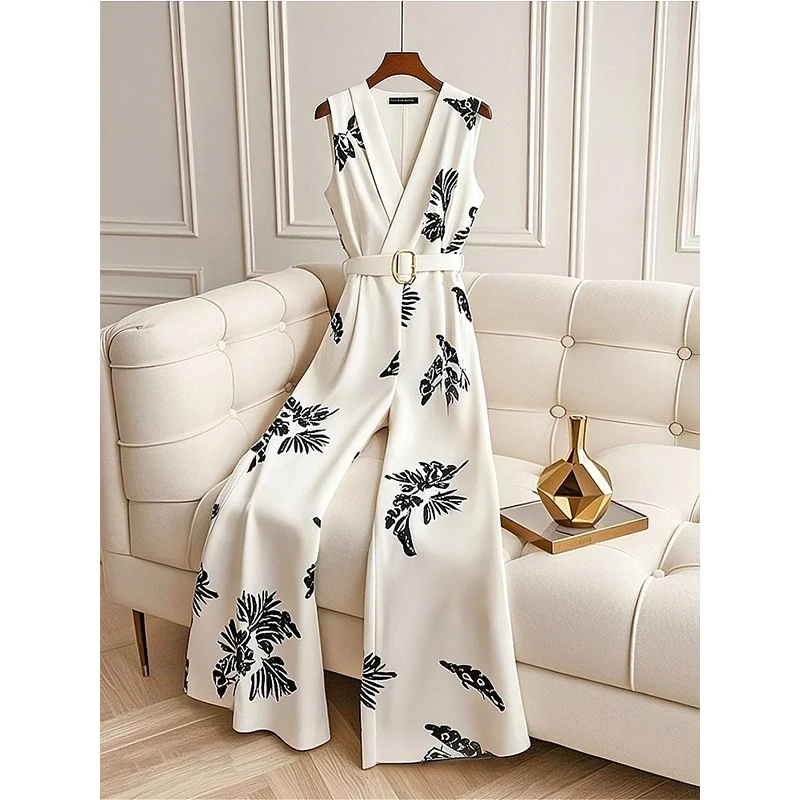 สุภาพสตรีอารมณ์คอวีกางเกงจั๊มสูทเสื้อผ้าผู้หญิงฤดูร้อน 2025 ใหม่แฟชั่นการพิมพ์รัดตัวบางแขนกุดกางเกงขากว้าง