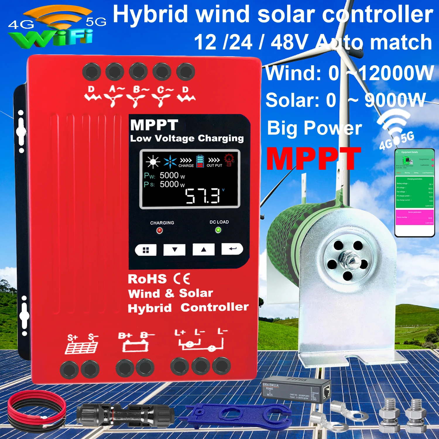 5000W 6KW Hybrid Wind Controller MPPT Board Solar Panel Charger Battery Equalizer LCD Display For Lifepo4 Lithium All Battery