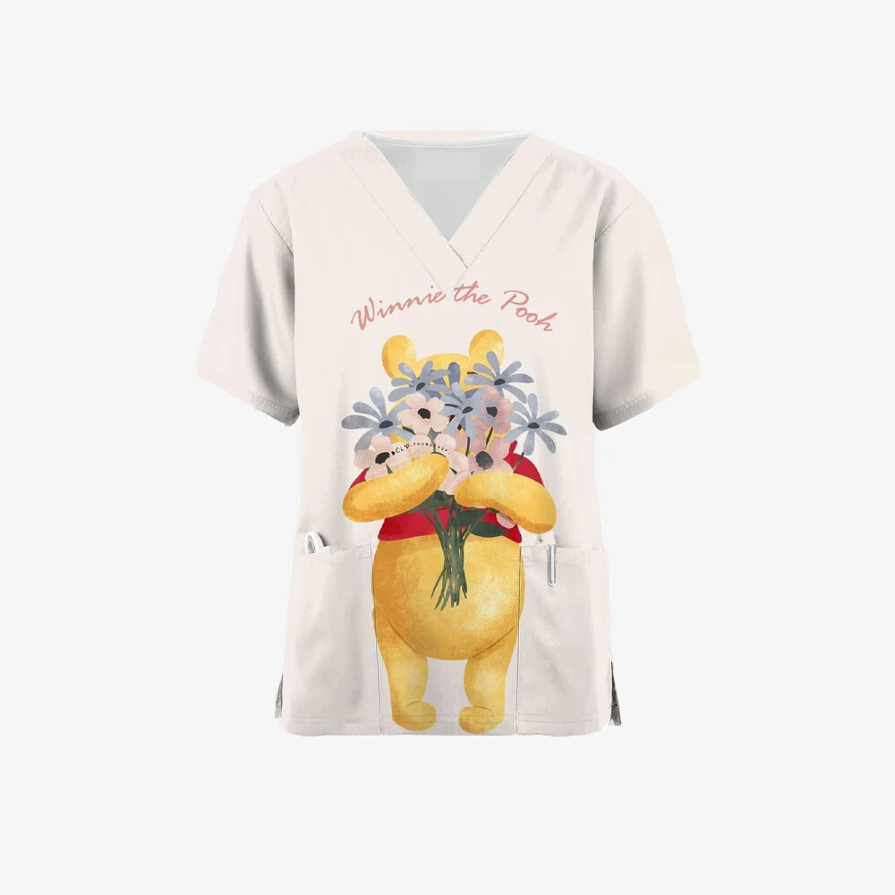 جديد فرك الطبية المرأة ملابس على شكل حرف v ديزني ويني ذا بوه الكرتون البيطرية سبا التمريض البنطال القصير المرأة الزي الطبي