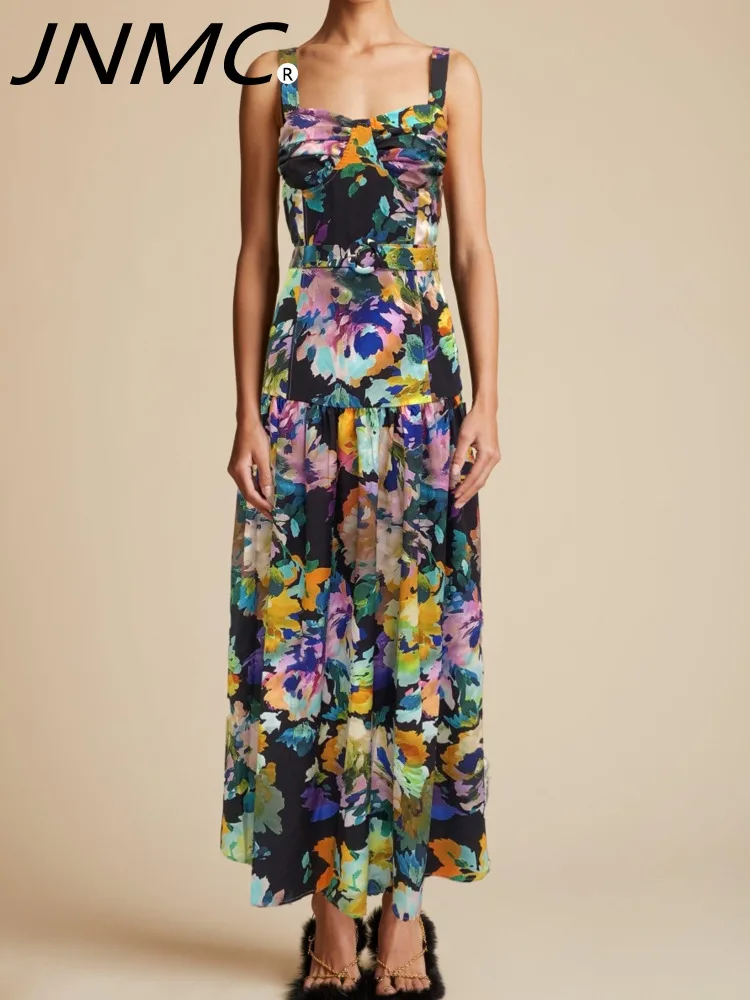 

JNMC Feminine Elegance Halter Print Dress High Waist Belt A-line Skirt Elegant Slim Dress Suitable For Spring Summer 2024 Model