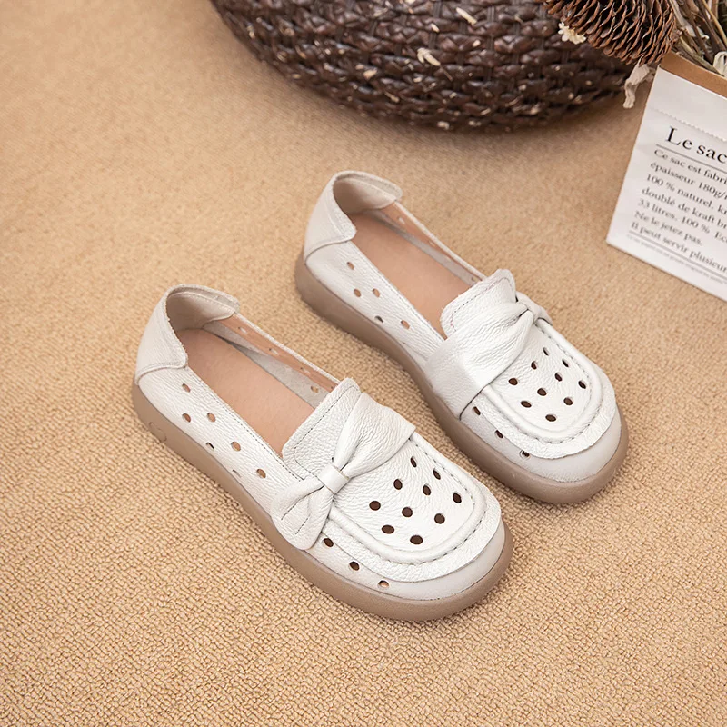 

New cow leather simple flats women's hollow out loafers ladies comfortable driving shoes autumn flats mother work shoes nurse