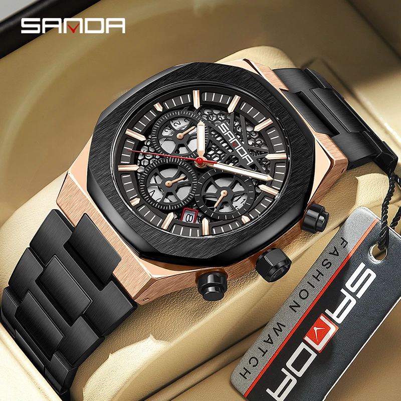 

SANDA Quartz Wristwatches For Man Luxury Chrono Luminous Point Sainless Steel Strap Mens Watches Hollow-out Dial with Date