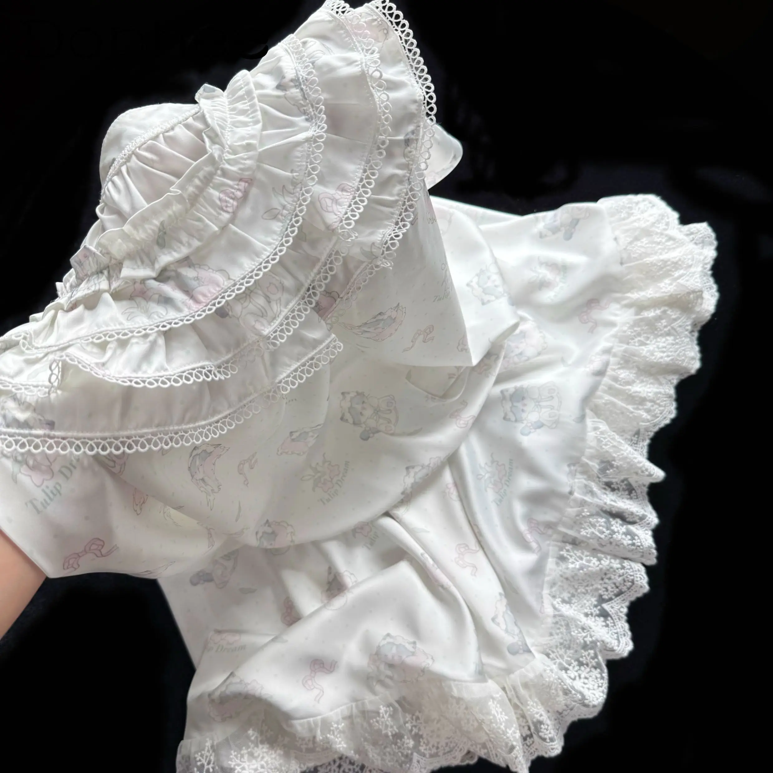 2025 summer new ice silk lace nightdress women's sweet girl cute pajamas cartoon print cool casual loose loungewear