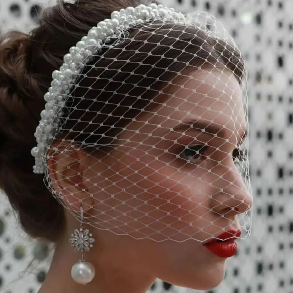 Elegant French Style Birdcage Veil Pearl Elegant Bridal Headwear Fairy Shiny Bride Tiaras Banquet Event