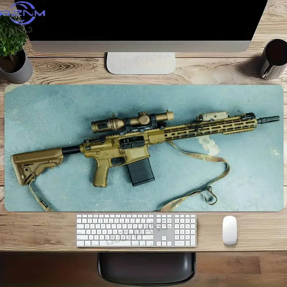 Tactical Rifle and Pistol Black White Gun Print Extended Mousepad, Non-Slip Rubber Base Large Desk Mat, Smooth Surface for Gamin