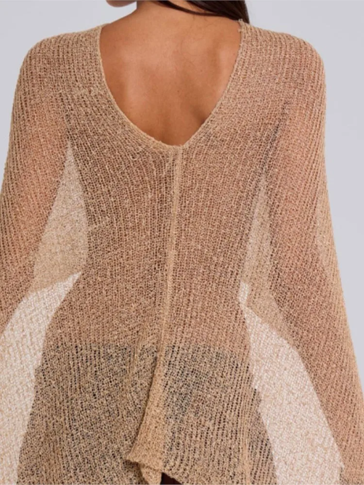 เสื้อคลุมบิกินี่ถักสำหรับผู้หญิง ปี 2026 ผ้าซีทรู สีพื้น แบบเปิดไหล่ ชายเสื้อทรงสามเหลี่ยมไม่สมมาตร ทรงหลวม สวมใส่สบาย เหมาะสำหรับใส่ไปเที่ยวทะเลในฤดูร้อน