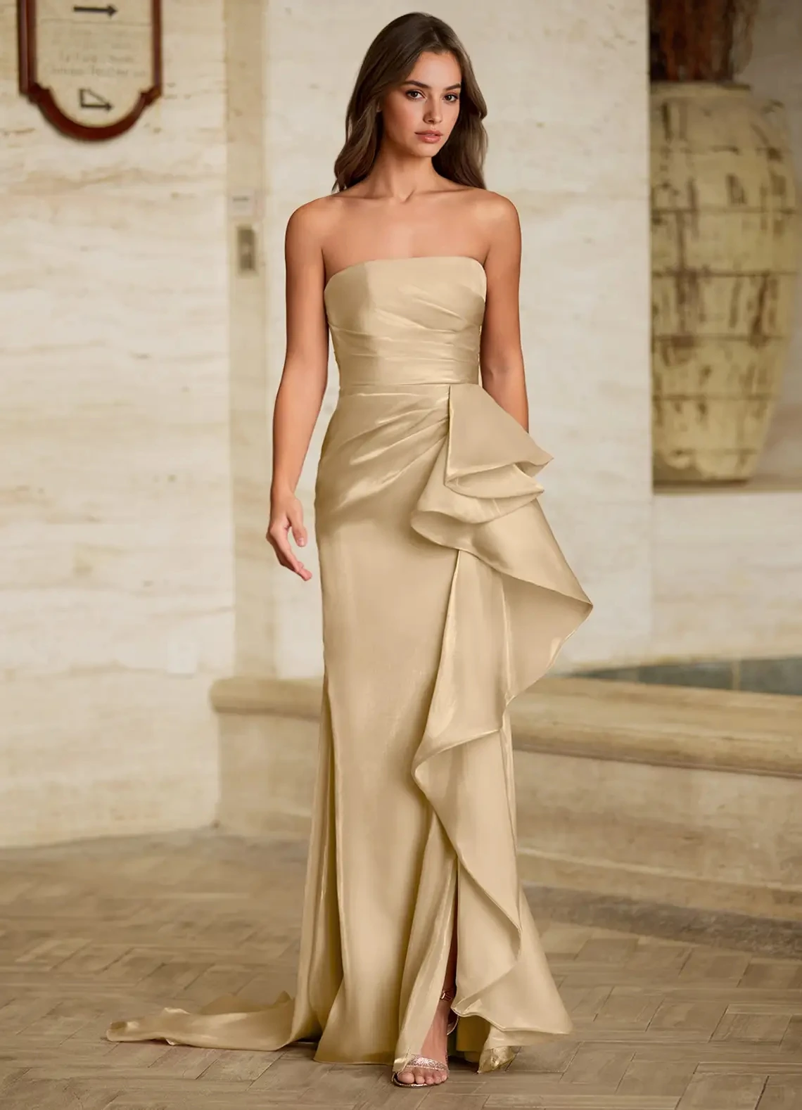 فساتين سهرة مخصصة بلون الشمبانيا مكشكشة بطيات وكشكشة بدون حمالات حورية البحر الأورجانزا طويلة للنساء فساتين حفلات رسمية