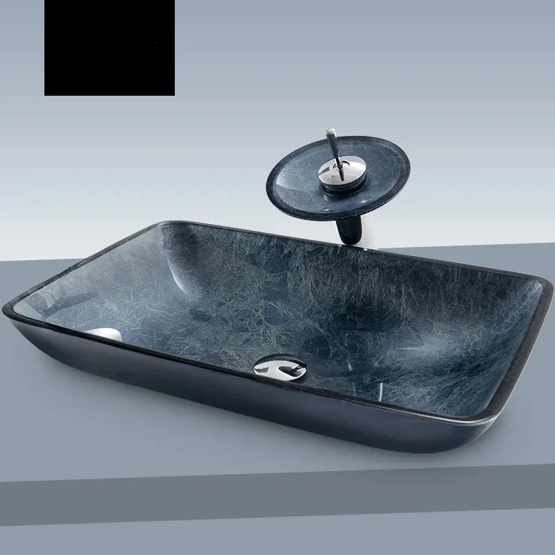 Tempered glass tabletop basin, household wash basin, modern and simple gray blue mesh red art basin, circular