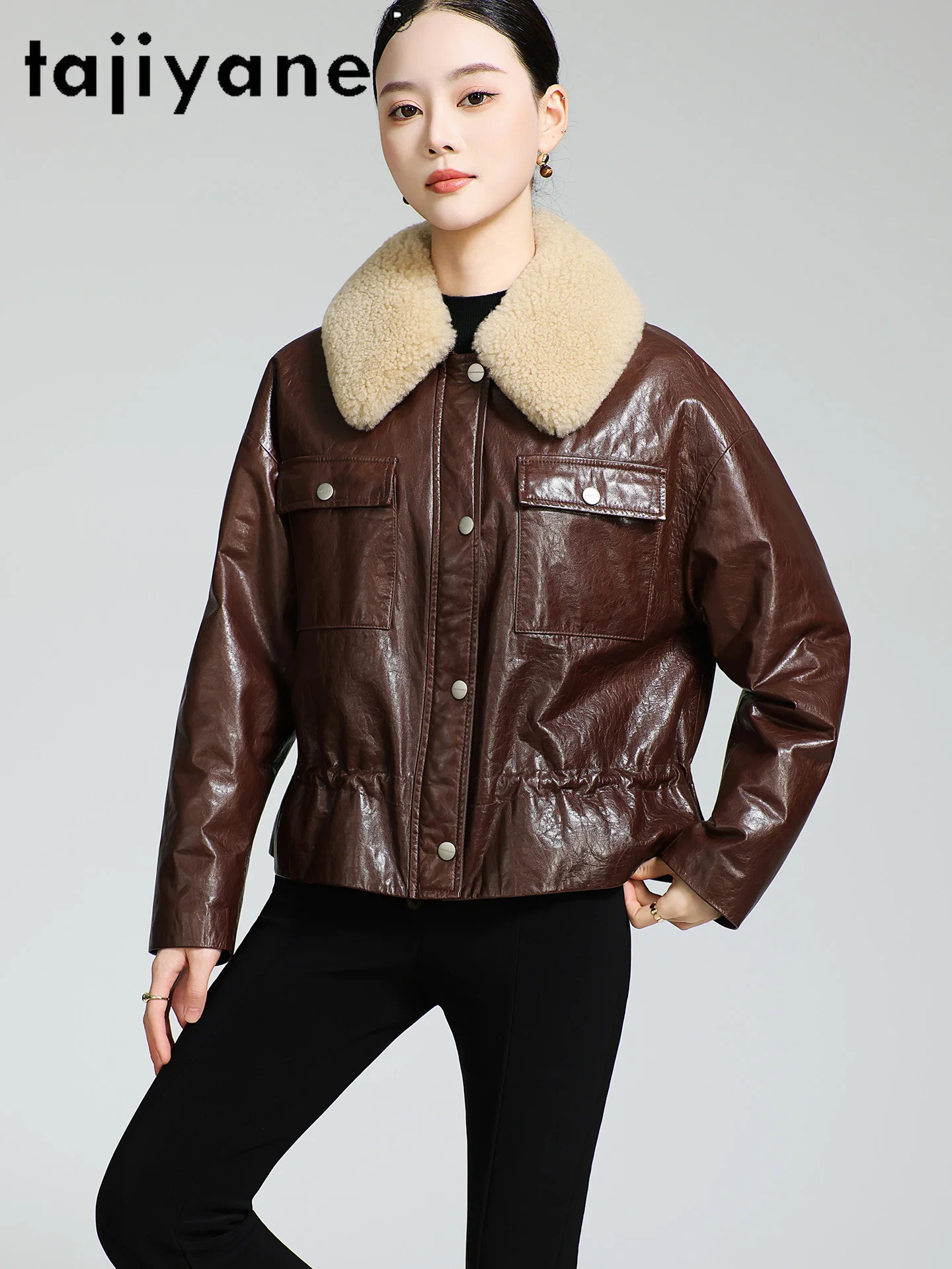 TAJIYANE جلد الغنم الحقيقي الأبيض أوزة أسفل معطف امرأة الصوف طوق سترة جلدية حقيقية معاطف الشتاء القصيرة 2025 ملابس حريمي كورت #2