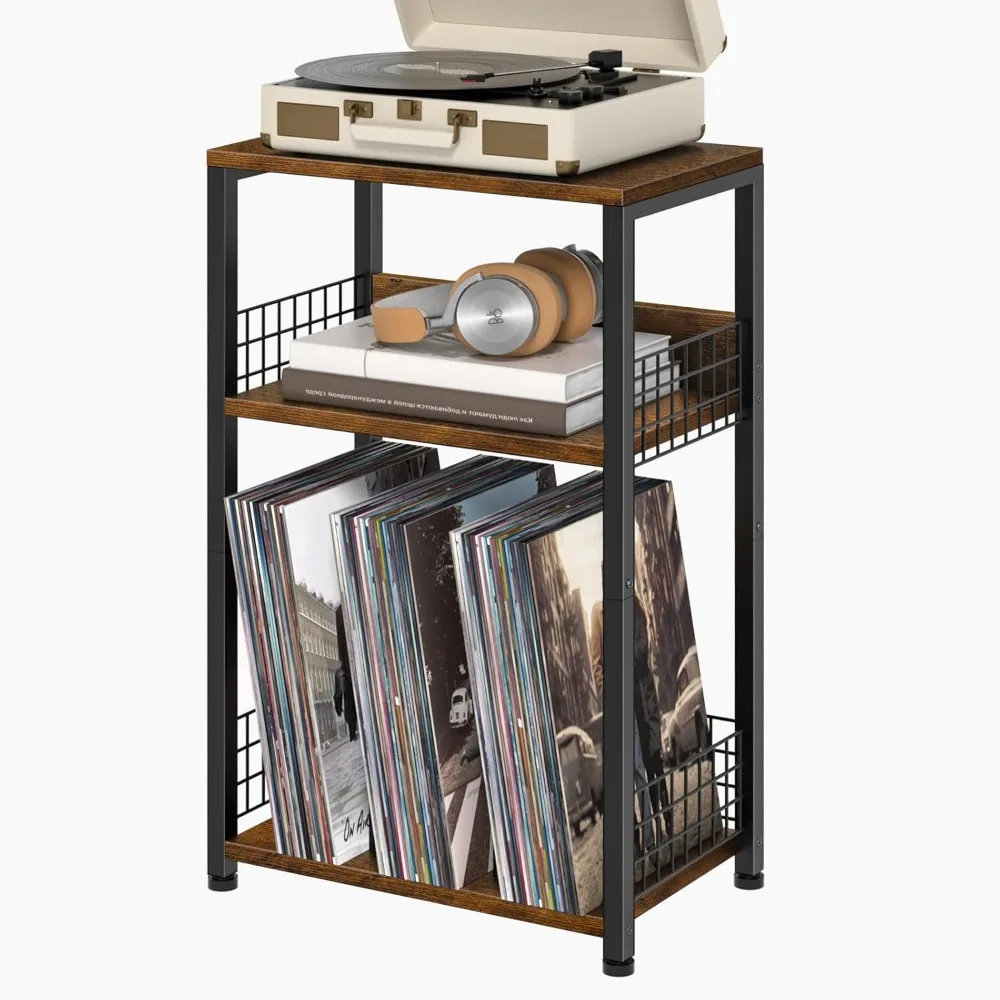 End Table with Charging Station, Brown Nightstand for Small Spaces,3 Tier Record Player Stand with Vinyl Storage Shelf