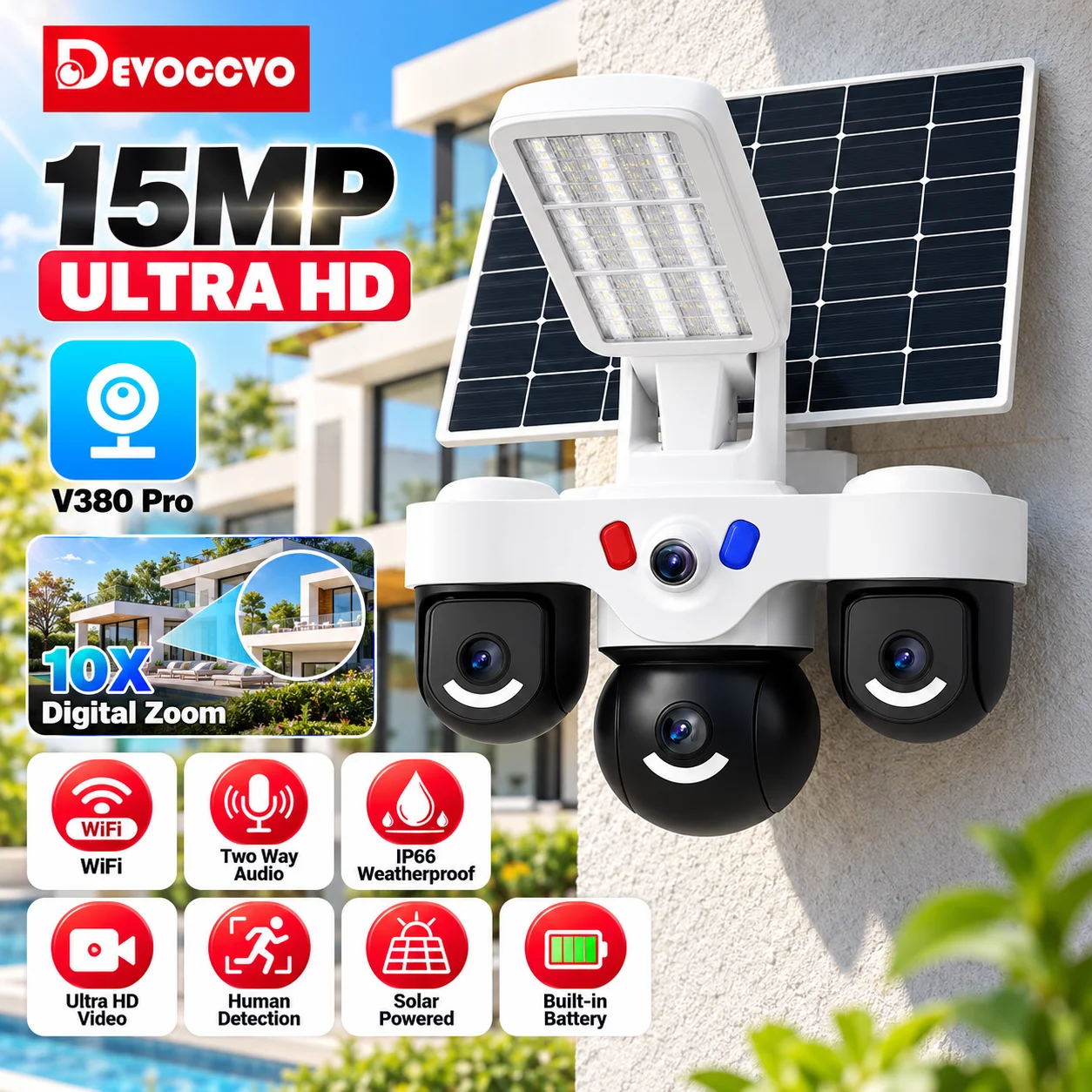 10X Zoom V380 Pro AOV WiFi Security Camera with Wireless PTZ IP Function and Integrated Lighting for Efficient Home and Farm