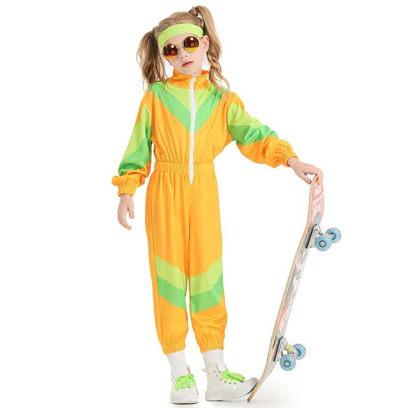 

Kids Girls Retro Disco Yellow And Green Colorblock Striped One-piece Tracksuit Outfit Carnival Party Halloween Costume Dress Up