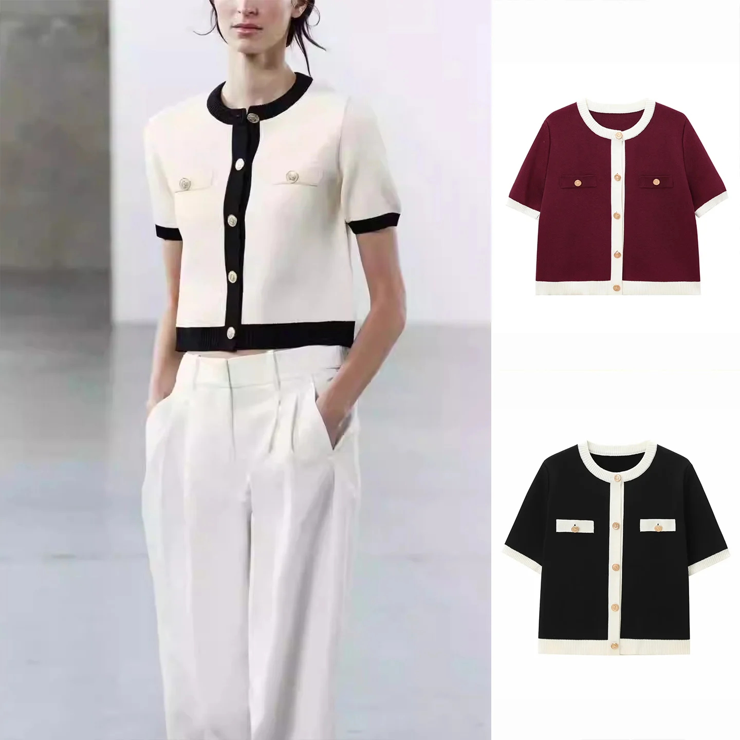 

Summer New Women's Simple Gold Button Long Sve round Ne ort Knitted Jaet Commute Sle Slim Fit Polyester Fiber