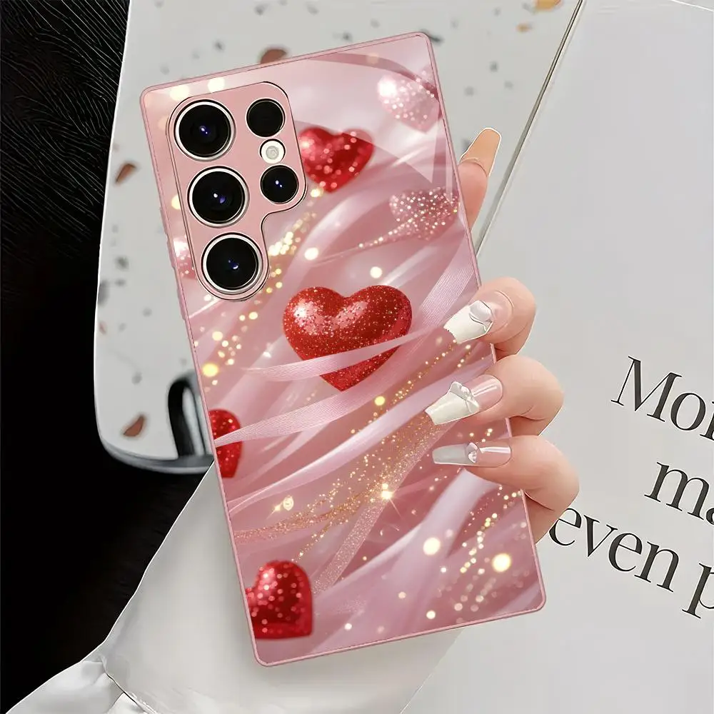 Pink yarn sparkling diamond red heart glass phone case suitable for Samsung GalaxyS26 S25 S24 S22 S21 S20FE/Ultra/Plus anti fall