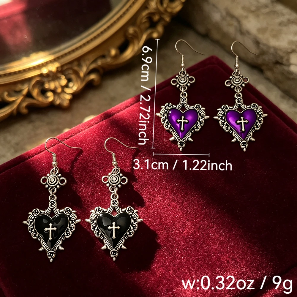 Vintage Distressed Silver Spike Heart Cross Long Hook Earrings, Three-Color Enamel Heart-Shaped Dangle Earrings, Gothic Dark Atmosphere Style Accessories