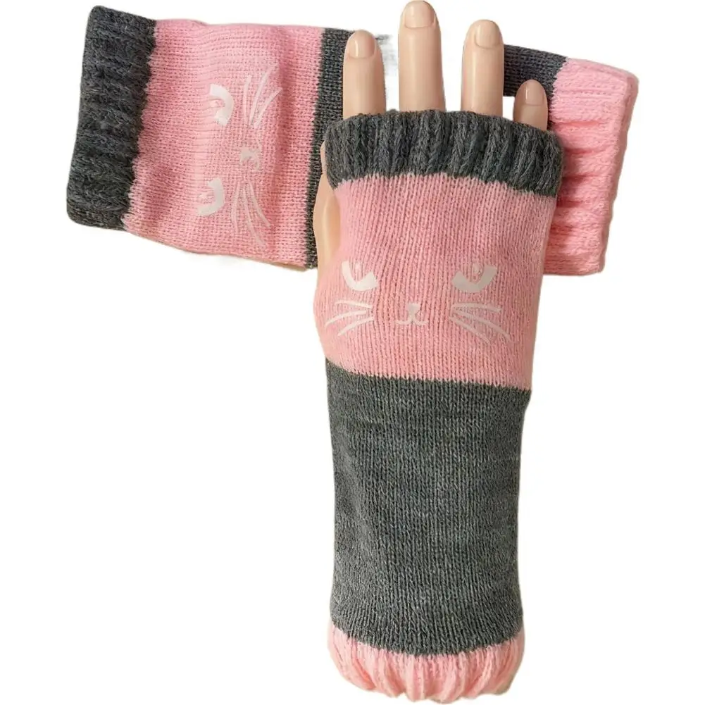 Autumn-Winter New Cat Embroidery Color-Collision Retro Warm Fashion Open-Finger Gloves Thickened Women's Leisure Gloves
